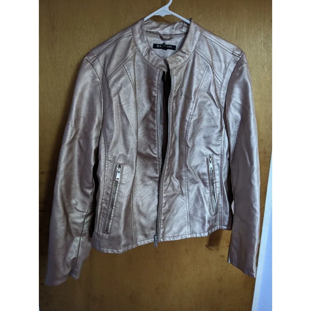 Baccini Pink Faux Leather Snap Closure Biker Moto Zip Up Jacket Size XL - Picture 1 of 8